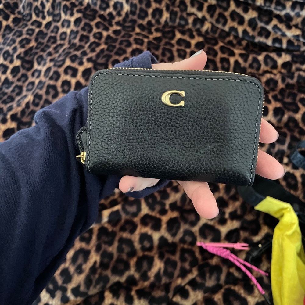 Coach Black Pebbled Leather Zip Card Case with Gold Accent